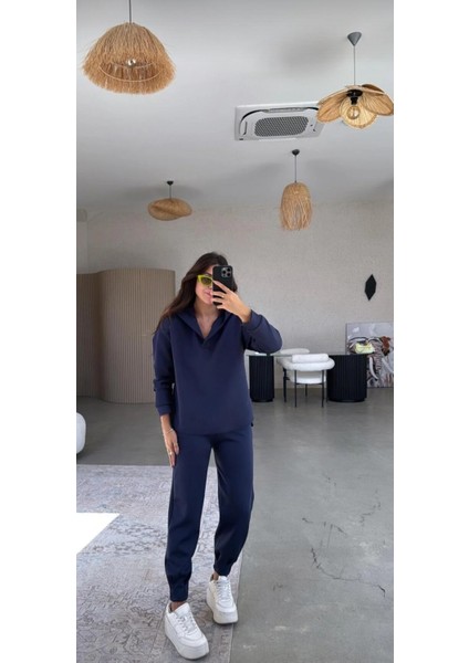 Lacivert Scuba Kapüşonlu Sweat - Paça Pensli Pantolon Takım