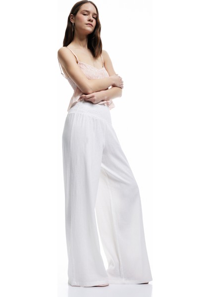 Beli Gipeli Rahat Kalıp Keten Karışımlı Geniş Paça Pantolon