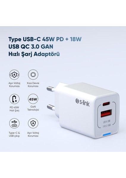 SL-ECG45 Type Usb-C 45W Pd + 18W USB Qc 3.0 Gan Beyaz Hızlı Ev Şarj Adaptörü fiyatları