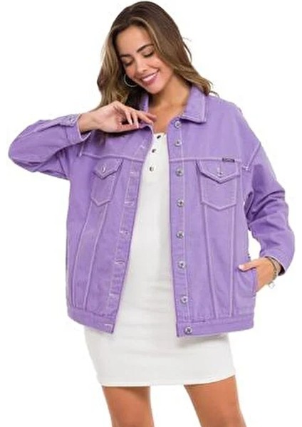 Oversize Uzun Kadın Kot Ceket Lila Pamuklu Rahat Kesim 2022 Sonbahar-Kış