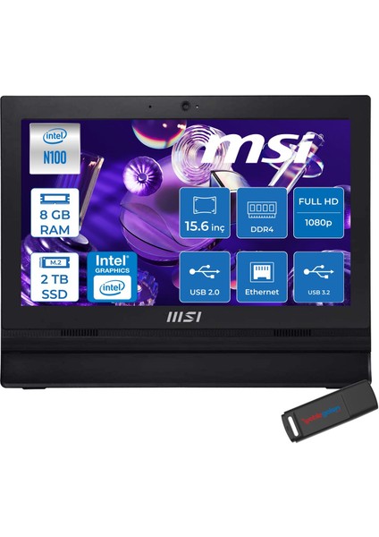 Msı Pro AP162T Intel Processor N100 8gb 2tb SSD Intel UHD Graphics 15.6" Fhd IPS LED Freedos Dokunmatik All In One Bilgisayar ADL017XEUF03 + Zettausb