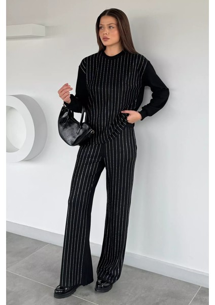 Kadın Bisiklet Yaka Taş Işlemeli Kazak Bel Lastikli Pantolon Ikili Takım P-00018981