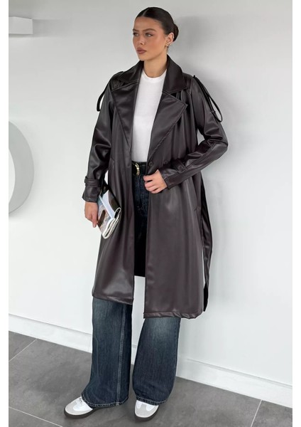 Kadın Bel Kuşak Detaylı Ön Düğmeli Suni Deri Trençkot P-00019098 fiyatları