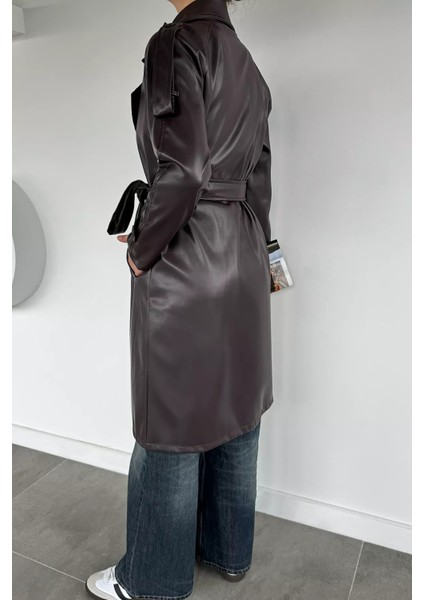 Kadın Bel Kuşak Detaylı Ön Düğmeli Suni Deri Trençkot P-00019098 fırsatları