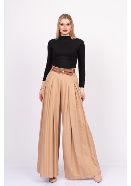 Kemer Detaylı Çift Pilikaşeli Beli Lastikli Bol Paça Pantolon