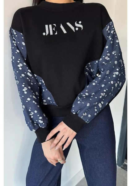 Kadın Bisiklet Yaka Ön Nakışlı Kot Garnili Şardonlu Sweatshirt P-00019009