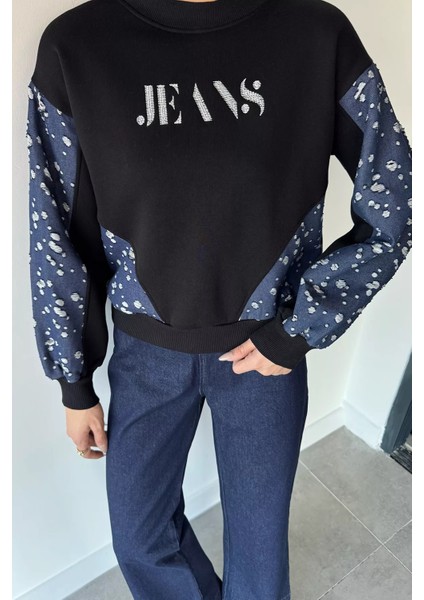 Kadın Bisiklet Yaka Ön Nakışlı Kot Garnili Şardonlu Sweatshirt P-00019009 fiyatları