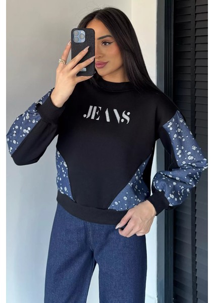 Kadın Bisiklet Yaka Ön Nakışlı Kot Garnili Şardonlu Sweatshirt P-00019009 modelleri