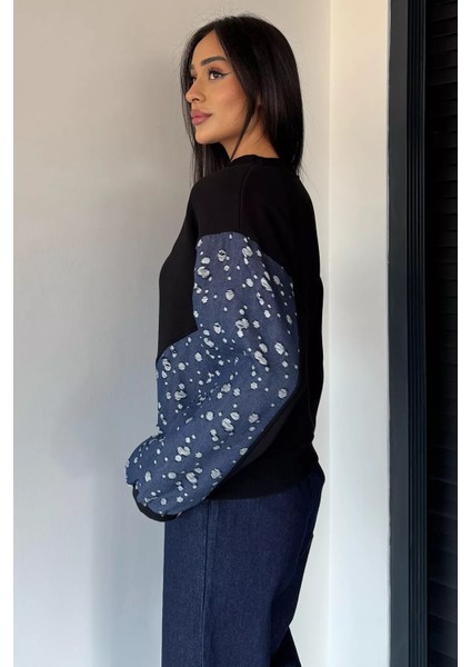 Kadın Bisiklet Yaka Ön Nakışlı Kot Garnili Şardonlu Sweatshirt P-00019009 fırsatları