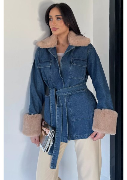 Kadın Yaka Kol Kürk Detaylı Jean Kot Ceket P-00018979