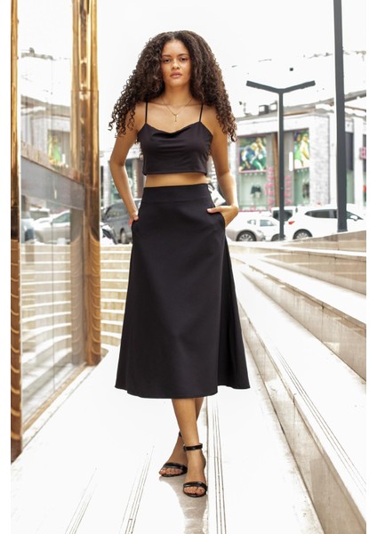 Kadın Yüksek Bel Cepli Şık Kumaş Midi Boy Diz Altı Kiloş Çan Etek-Siyah