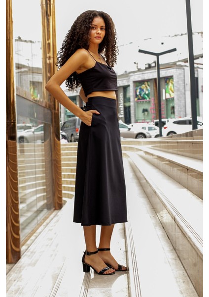 Kadın Yüksek Bel Cepli Şık Kumaş Midi Boy Diz Altı Kiloş Çan Etek-Siyah fiyatları