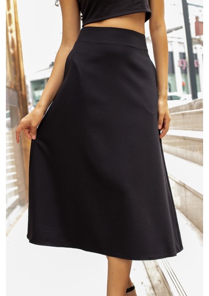 Kadın Yüksek Bel Cepli Şık Kumaş Midi Boy Diz Altı Kiloş Çan Etek-Siyah modelleri