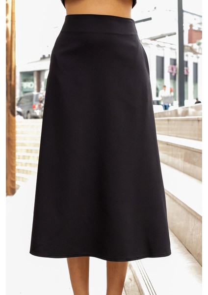 Kadın Yüksek Bel Cepli Şık Kumaş Midi Boy Diz Altı Kiloş Çan Etek-Siyah fırsatları