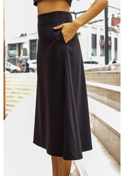 Kadın Yüksek Bel Cepli Şık Kumaş Midi Boy Diz Altı Kiloş Çan Etek-Siyah indirimleri