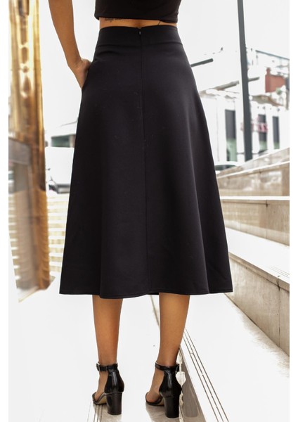 Kadın Yüksek Bel Cepli Şık Kumaş Midi Boy Diz Altı Kiloş Çan Etek-Siyah