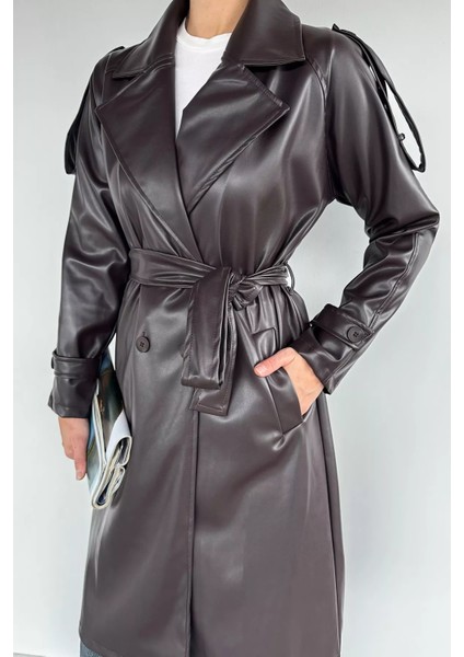 Kadın Bel Kuşak Detaylı Ön Düğmeli Suni Deri Trençkot P-00019098