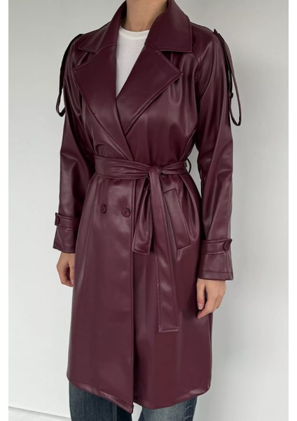 Kadın Bel Kuşak Detaylı Ön Düğmeli Suni Deri Trençkot P-00019098