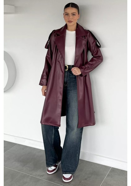 Kadın Bel Kuşak Detaylı Ön Düğmeli Suni Deri Trençkot P-00019098 fiyatları