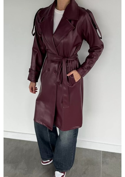 Kadın Bel Kuşak Detaylı Ön Düğmeli Suni Deri Trençkot P-00019098 modelleri