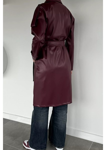 Kadın Bel Kuşak Detaylı Ön Düğmeli Suni Deri Trençkot P-00019098 fırsatları