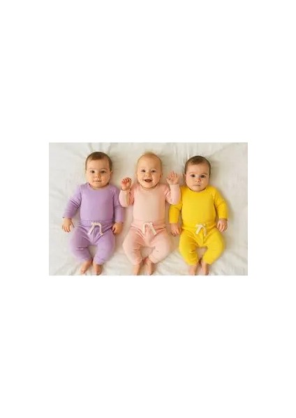 3'lü %100 Pamuklu Uzun Kol Bebek Body Pantolon Takım Düz Desenli Kız Çocuk İçin