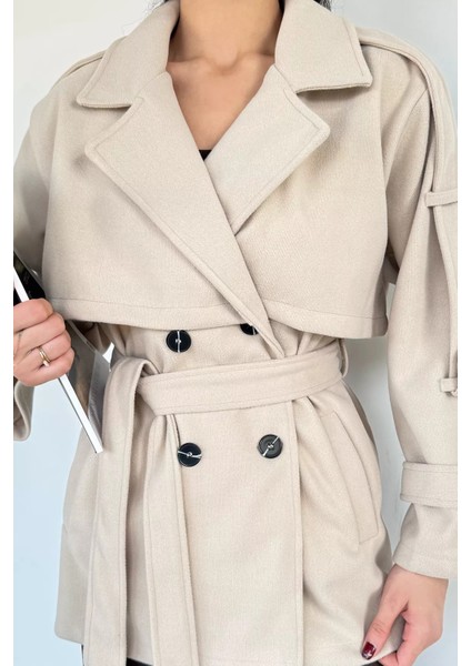 Kadın Bel Kuşaklı Çift Cepli Kruvaze Yaka Kaşe Kaban P-00018939 modelleri