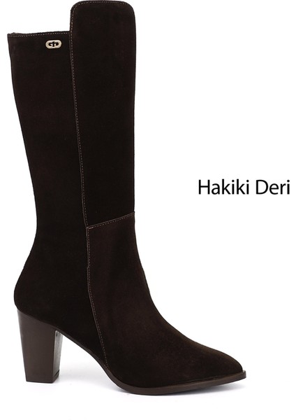 Kadın Kahve Sivri Burun Kalın Topuklu Hakiki Deri Çizme
