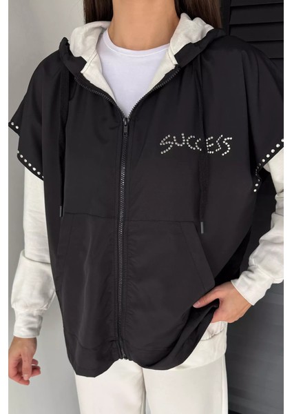 Kadın Kapüşonlu Taş Işlemeli Fermuarlı Garnili Sweatshirt P-00019083