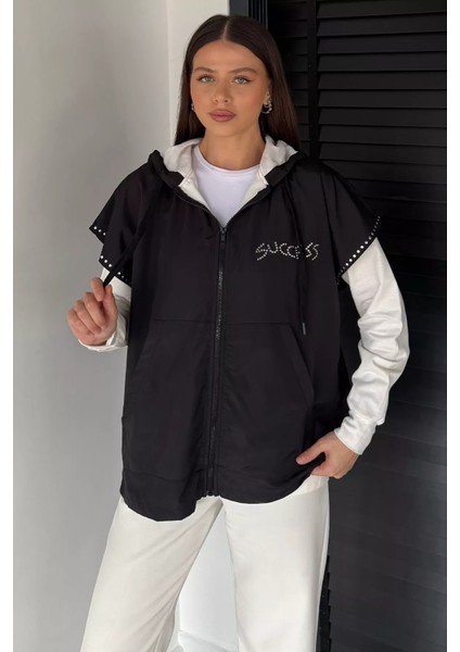 Kadın Kapüşonlu Taş Işlemeli Fermuarlı Garnili Sweatshirt P-00019083 fiyatları