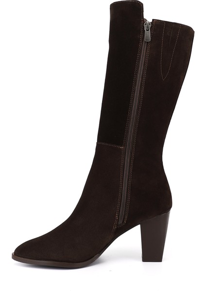 Kadın Kahve Sivri Burun Kalın Topuklu Hakiki Deri Çizme