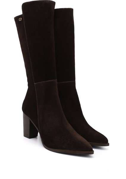 Kadın Kahve Süet Sivri Burun Kalın Topuklu Hakiki Deri Çizme modelleri