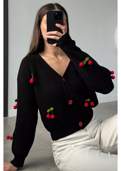 Kiraz Aksesuarlı Kadın Triko Hırka ( S,m,l Uyumludur) P-00018839