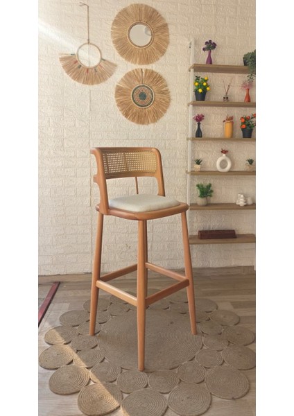 Concept Odin Bar Sandalyesi Teddy Krem Kumaş Hasırlı Naturel Ahşap Ada Sandalyesi