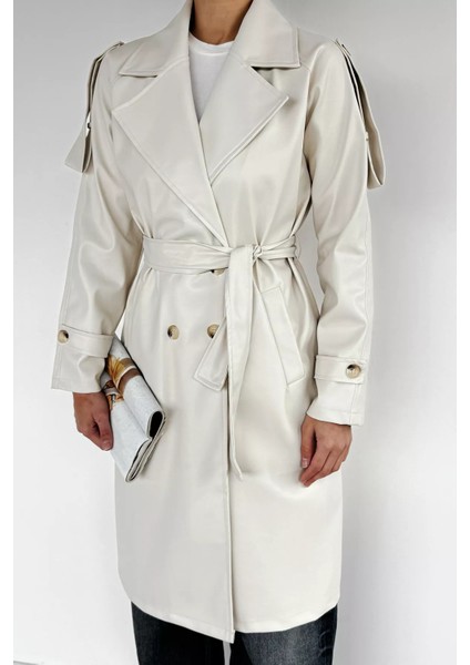 Kadın Bel Kuşak Detaylı Ön Düğmeli Suni Deri Trençkot P-00019098 fiyatları