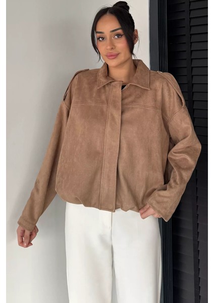 Kadın Bel Büzgülü Fermuarlı ve Çıtçıtlı Süet Ceket P-00019075