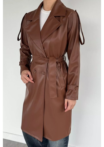 Kadın Bel Kuşak Detaylı Ön Düğmeli Suni Deri Trençkot P-00019098 fiyatları