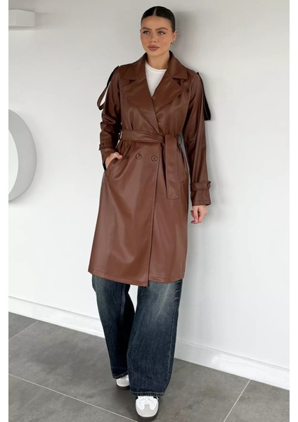 Kadın Bel Kuşak Detaylı Ön Düğmeli Suni Deri Trençkot P-00019098 modelleri