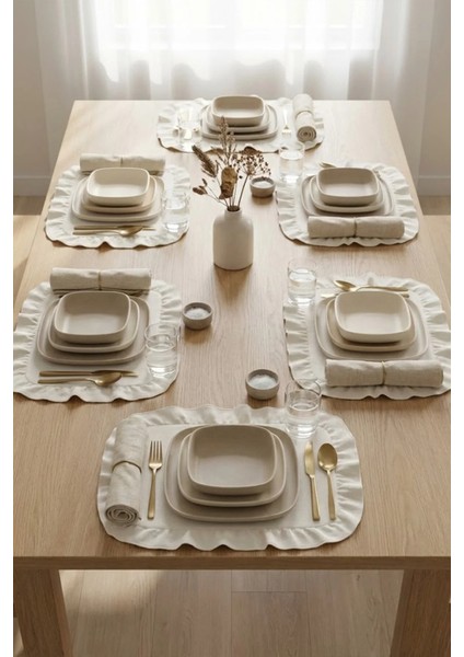 Pamuklu Fırfırlı Kendinden Çizgili Kare Supla 6'lı Set Amerikan Servis 33 cm Çap Supla