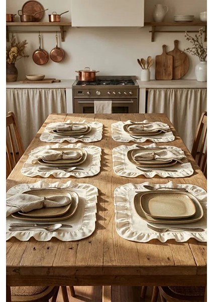 Pamuklu Fırfırlı Kendinden Çizgili Kare Supla 6'lı Set Amerikan Servis 33 cm Çap Supla fiyatları