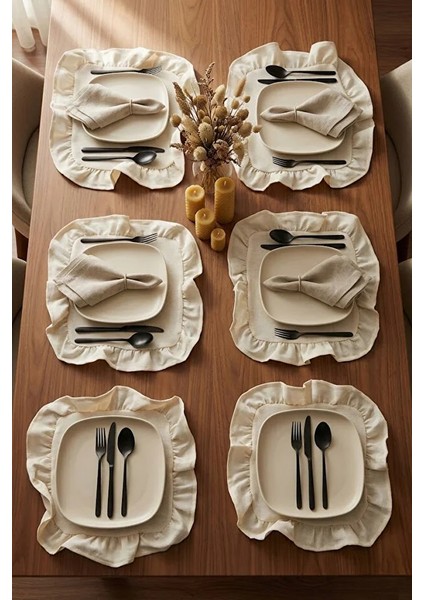 Pamuklu Fırfırlı Kendinden Çizgili Kare Supla 6'lı Set Amerikan Servis 33 cm Çap Supla modelleri