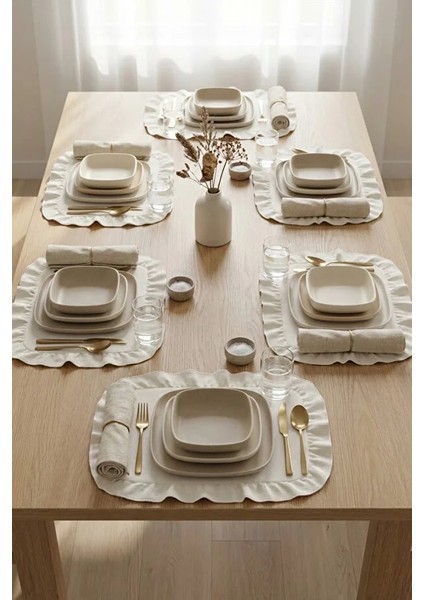 Pamuklu Fırfırlı Kendinden Çizgili Kare Supla 6'lı Set Amerikan Servis 33 cm Çap Supla indirimleri