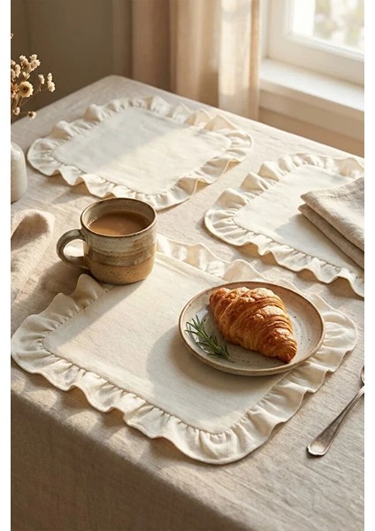 Pamuklu Fırfırlı Kendinden Çizgili Kare Supla 6'lı Set Amerikan Servis 33 cm Çap Supla