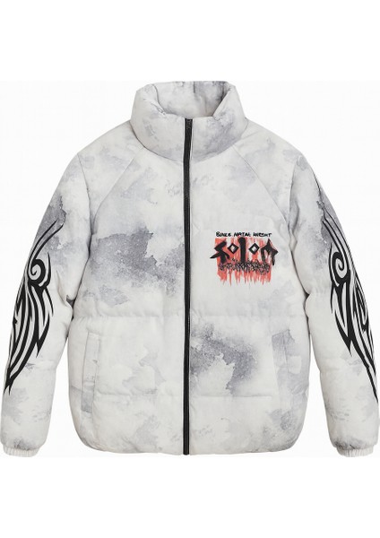 Erkek Astarlı Su ve Rüzgar Geçirmez Dik Yaka Baskılı Şişme Mont