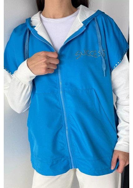 Kadın Kapüşonlu Taş Işlemeli Fermuarlı Garnili Sweatshirt P-00019083