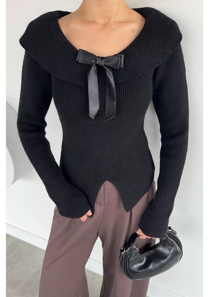 Kadın Fiyonklu Bel Yırtmaç Detaylı Triko Bluz P-00019097