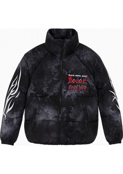 Erkek Astarlı Su ve Rüzgar Geçirmez Dik Yaka Baskılı Şişme Mont