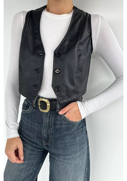 Kadın Ön Düğmeli Crop Top Suni Deri Yelek P-00019088