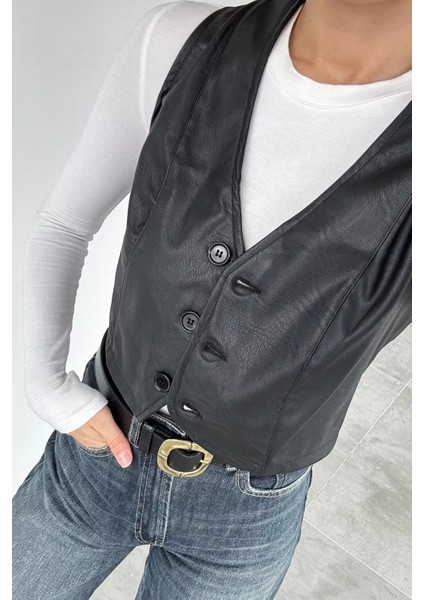 Kadın Ön Düğmeli Crop Top Suni Deri Yelek P-00019088 fiyatları