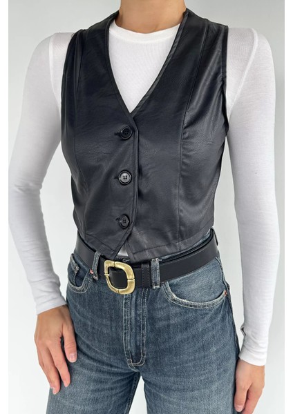 Kadın Ön Düğmeli Crop Top Suni Deri Yelek P-00019088 modelleri